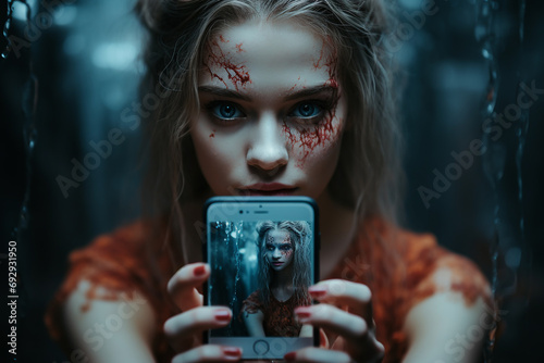 A beautiful girl with bloody cuts on the face is holding a phone with a scary photo on the screen . Blond pretty female with light skin and red nails is looking directly at the camera © annazaugarova