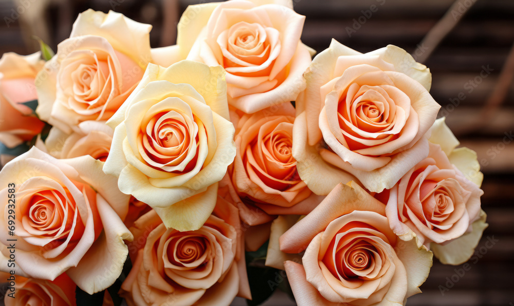 A stunning bouquet of soft peach and cream roses in full bloom, showcasing the natural beauty and romantic floral pattern for elegant backgrounds or designs