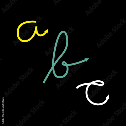 Draw the letters a, b, c in monoline style, the ends are arrowheads. 