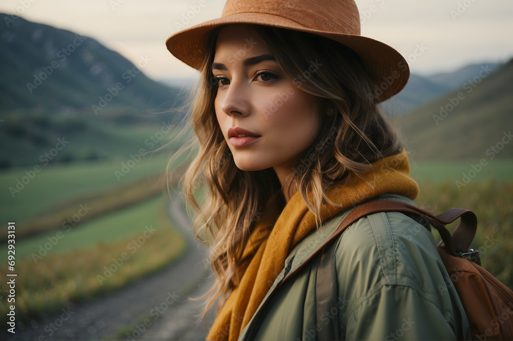 a portrait of a blonde girl with a tourist hat in the middle of a field