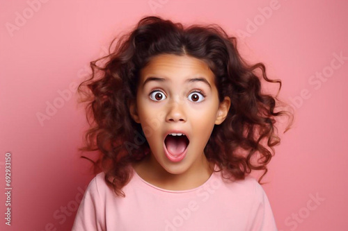 Cute young girl on pink background making surprised face © Ирина Курмаева