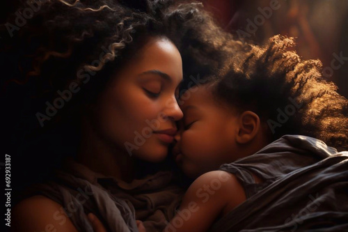 Black mom playing in bed with her infant, kissing baby