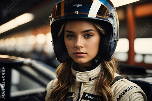portrait of a girl as a professional racing driver, dressed in a white suit. © Centric 