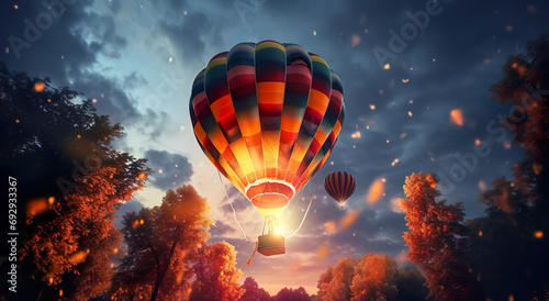 Hot air balloon floting at night.adventure and travel concepts