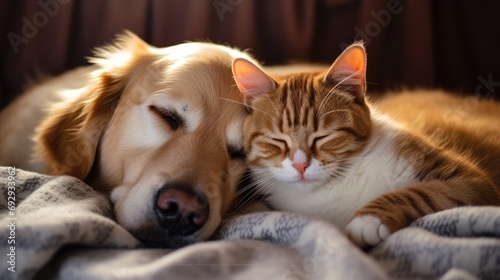 Close up cat and dog together lying  AI Generative