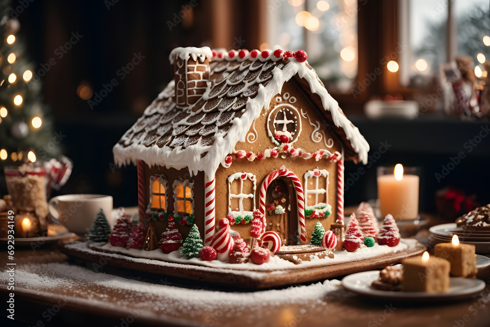 a gingerbread house at Christmas