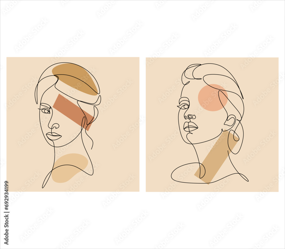 Woman's face continuous line drawing. Abstract minimal female portrait with geometric shapes. Logo, badge, label. Woman's face continuous line drawing. Abstract minimal female portrait with geometric shapes. Logo, badge, label.