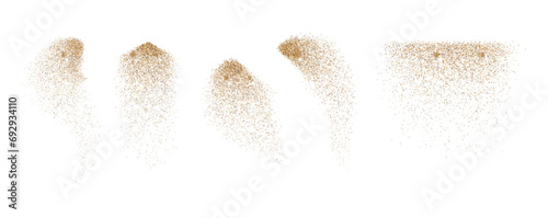 Vector illustration depicting coffee or chocolate powder in motion, creating a dust cloud that splashes on the ground. The background is light and isolated. Format PNG.