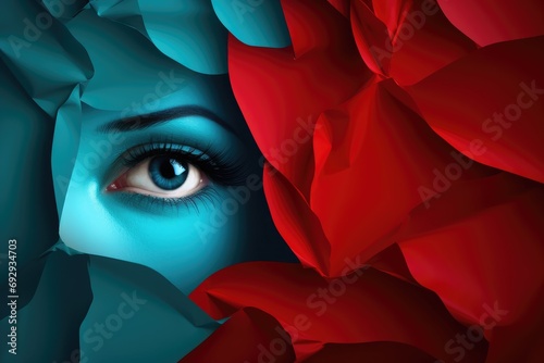 Young woman with blue eyes and red rose in her hair. February 5 - 11: Sexual Abuse & Sexual Violence Awareness Week. photo