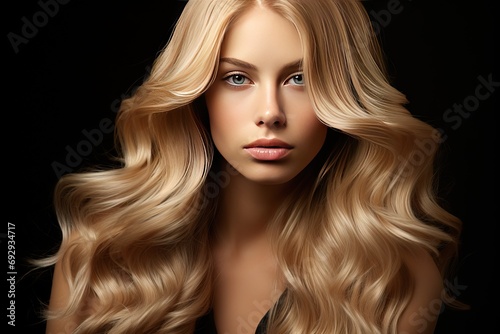 Hi Hair Wavy Long Blonde beautiful Portrait Blond woman model fashion beauty girl face glamour studio background coiffure healthy make-up style sexy caucasian
