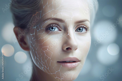 A woman's head with glowing neurons on one side of her face against a blue background. Radiant energy on the face.  Beauty concept skin aging. anti-aging procedures, rejuvenation, lifting, tightening  photo