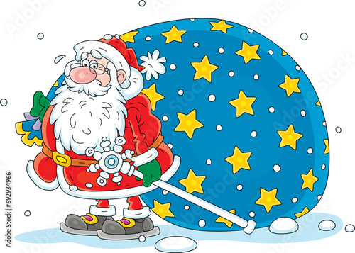 Funny and slightly tired from hard work Santa Claus trying to pull his giant and very heavy magical bag of winter holiday gifts for little girls and boys, vector cartoon illustration on white