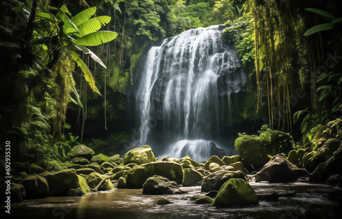 Lush rainforest waterfall flowing over mossy stones with verdant foliage