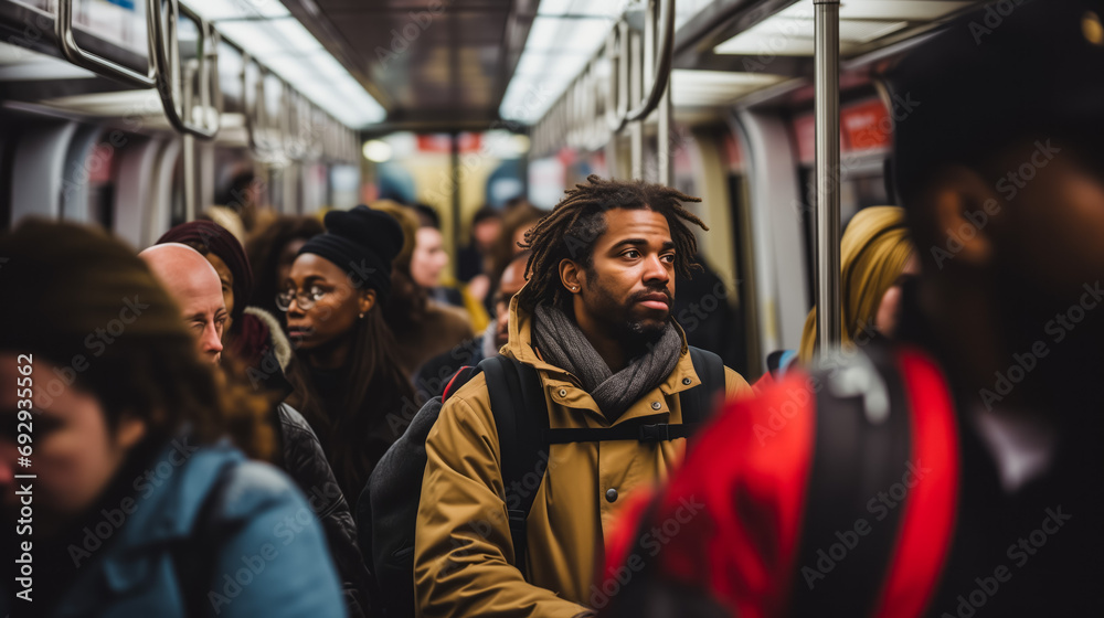 Young man with dreadlocks in crowded subway car