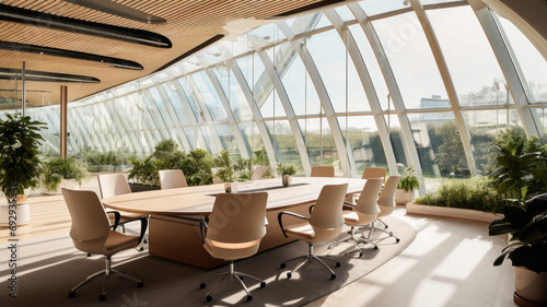 Interior of a modern eco design conference room with panoramic windows. Concept of green industry and environment protection