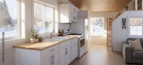 Bright and airy kitchen interior with sunlight and snowy landscape view