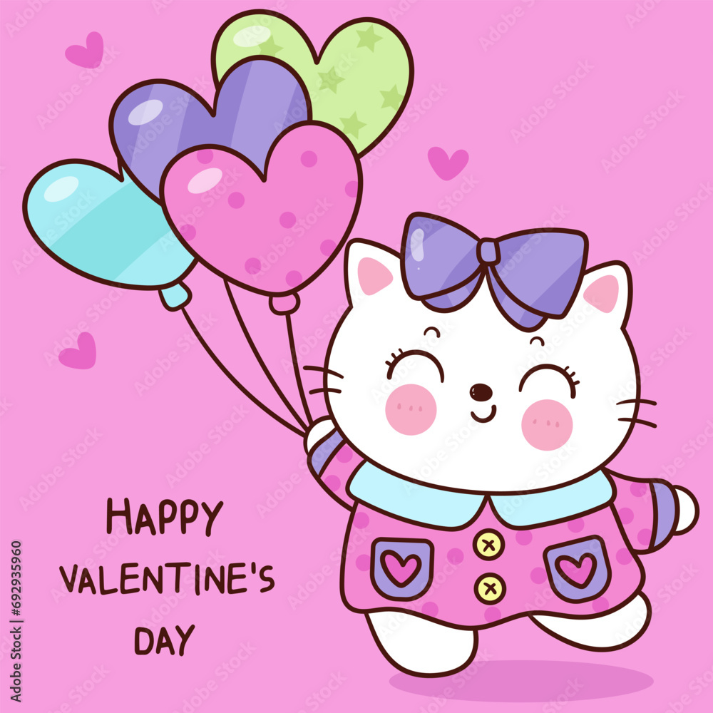 Valentine cat holding heart balloon kawaii kitten card