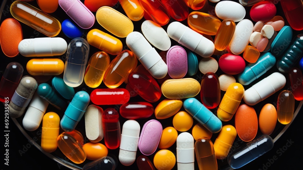 Close-up of Colorful pills, drugs and medications. Pharmaceuticals. Big pharma. Medicine background
