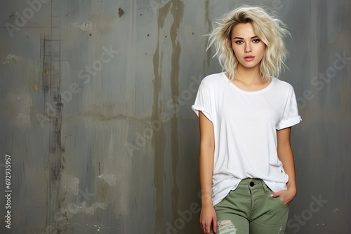 wall concrete background Tshirt white skate Blonde t-shirt blond denim tank woman teenage mock young youth template adult attractive beautiful beauty blank body casual attire caucasian clothes