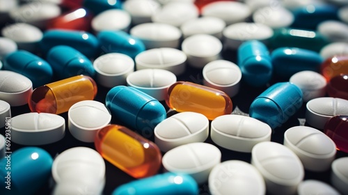 Close-up of Colorful pills, drugs and medications. Pharmaceuticals. Big pharma. Medicine background
 photo