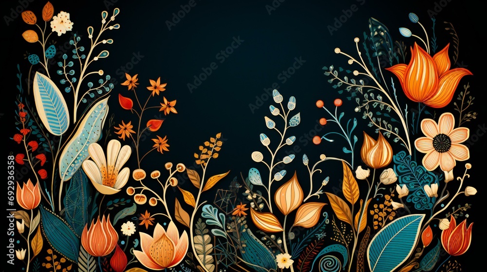 Whimsical Floral Symphony on Dark Canvas with Vibrant Botanical and Ornate Patterns - obrazy, fototapety, plakaty 