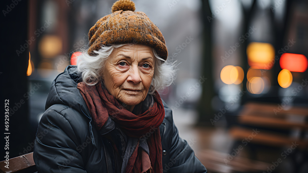 Closeup photoshoot of a senior woman sitting on a park bench, overcast day.Ai