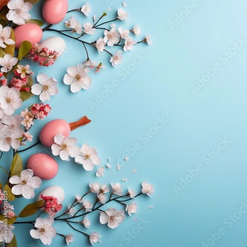 Easter composition. Easter eggs, flowers, paper blank on pastel blue background. Flat lay, top view, copy space 