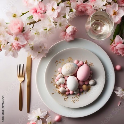 Easter dinner, fresh spring flowers and eggs. Elegance pastel and pink tablescapes. View from above. Christian religion tradition