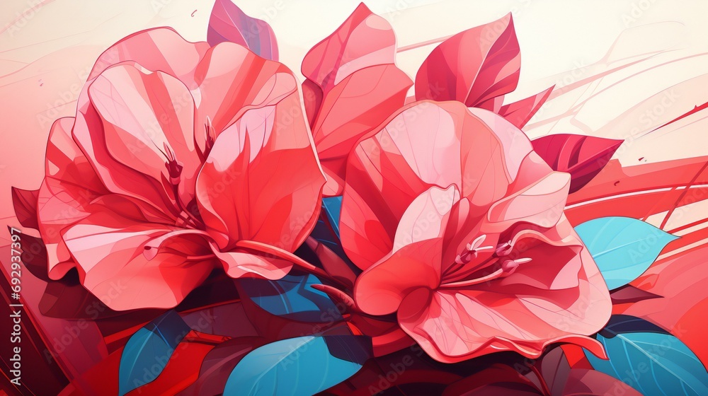 Vivid Stylized Illustration of Lush Red and Pink Blooming Flowers with Dynamic Shadows