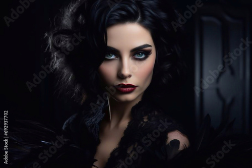 High Fashion Model Girl Portrait with Trendy gothic make-up  Black Hair style  Make up  dark accessories. Halloween Vampire Woman portrait with black eyes  feathers dress  over black background