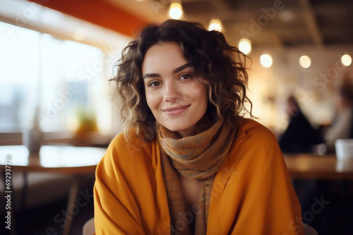 Happy young woman sitting on sofa at home and looking at camera. Portrait of comfortable woman in winter clothes relaxing on armchair. Portrait of beautiful girl smiling and relaxing during autumn