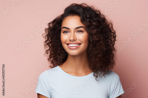Smiling young woman with implanted teeth on light background photo