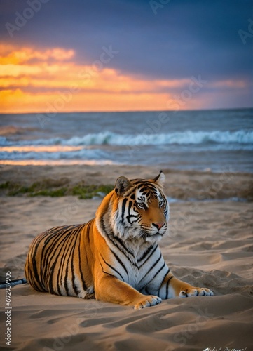 Un tigre en una playa, tiger running side on soft lighting, sunlight, 
