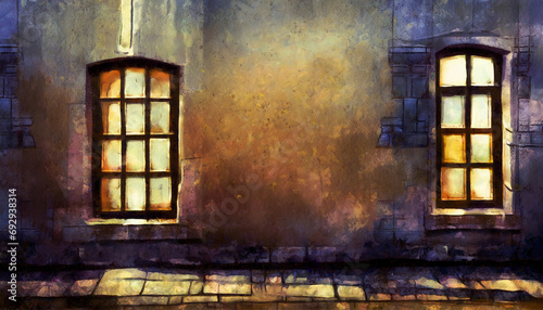 Grunge background with space for text, abstract dark texture; the old street wall and windows in two corners on one side are visible