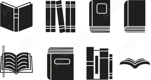 Set of Black Books vectors icons. filled flat signs for mobile concept and web designs. Book pages glyph icons. Symbols, logos illustration collection isolated on transparent background.