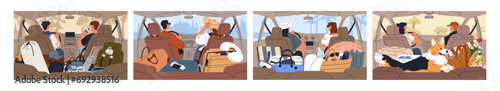 Car luggage, baggage in trunk set. Back views on auto inside with suitcases, travel bags and people driving on summer vacation, weekend camping, journey, moving with stuff. Flat vector illustrations