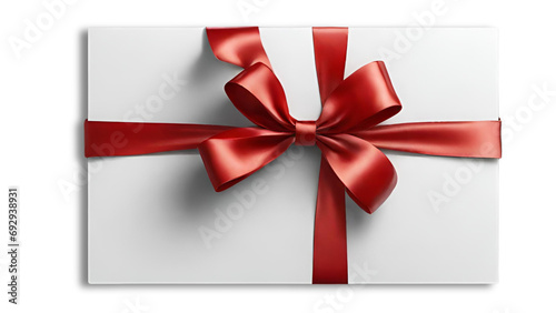 Blank white gift voucher with red ribbon bow or empty gift signboard isolated on grey background with shadow minimal conceptual © Next Gen