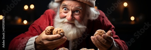 A wide-format abstract background image, capturing Santa Claus with a playful expression while holding cookies, infusing a whimsical touch to the scene. Photorealistic illustration