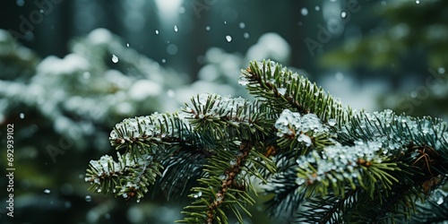 A wide-format abstract background image for creative content, showcasing snow-covered fir branches with a shallow depth of field, creating a wintery atmosphere. Photorealistic illustration
