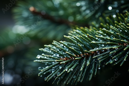 A close-up abstract background image for creative content, featuring fir branches with morning dew and a shallow depth of field, creating a fresh atmosphere. Photorealistic illustration