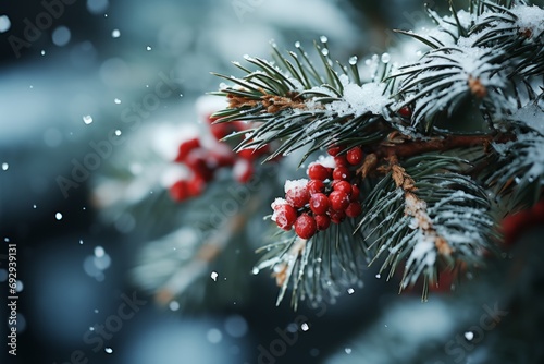 A close-up abstract background image for creative content, presenting fir branches with snowfall and a shallow depth of field, creating a wintry scene. Photorealistic illustration