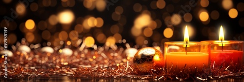 A wide-format abstract background image, featuring candlelights with blurred holiday lights in the background, creating a warm and festive atmosphere. Photorealistic illustration