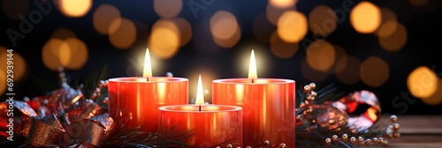 A wide-format abstract background image for creative content, offering a close-up view of candlelights with blurred holiday lights in the background, creating a festive scene. Photorealistic illustrat
