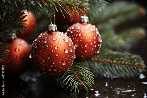 An abstract background image for creative content, presenting baubles and fir branches with morning dew and a shallow depth of field, creating a fresh atmosphere. Photorealistic illustration