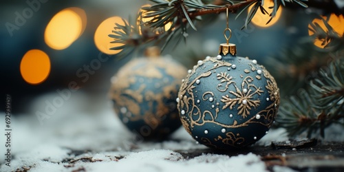 A wide-format abstract background image, featuring baubles and fir branches with a shallow depth of field, creating a visually captivating and festive atmosphere. Photorealistic illustration