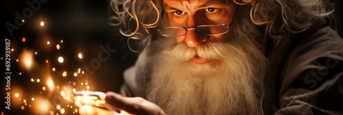 A wide-format abstract background image for creative content, showcasing Santa Claus with the magic of Christmas in his hands, adding an enchanting touch to the scene. Photorealistic illustration