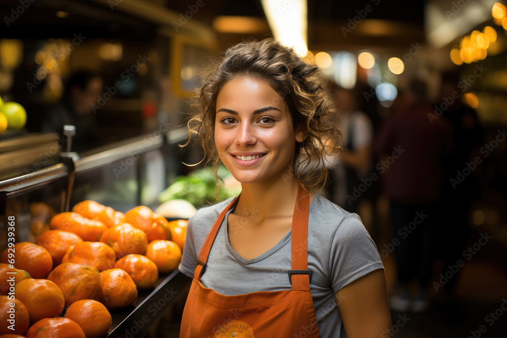 Smiling young woman in an apron standing at a market stall filled with fresh oranges and produce. - obrazy, fototapety, plakaty 