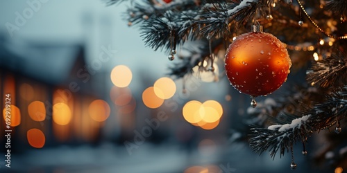 A wide-format abstract background image for creative content, showcasing a close-up of a Christmas tree with a red bauble, creating a festive scene. Photorealistic illustration