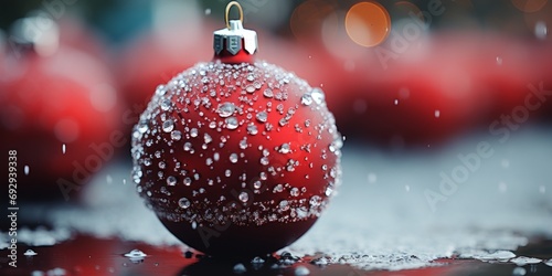 A wide-format abstract background image for creative content, highlighting a red bauble with a shallow depth of field, creating a festive scene. Photorealistic illustration