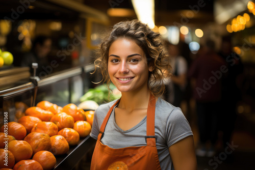 Smiling young woman in an apron standing at a market stall filled with fresh oranges and produce. photo
